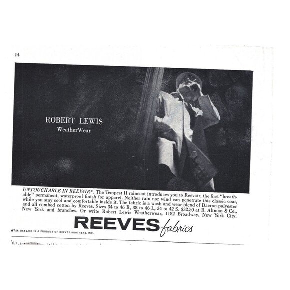 Reeves Robert Lewis Weather Wear Raincoat Dacron 1960s Vintage Print Ad - Picture 1 of 2
